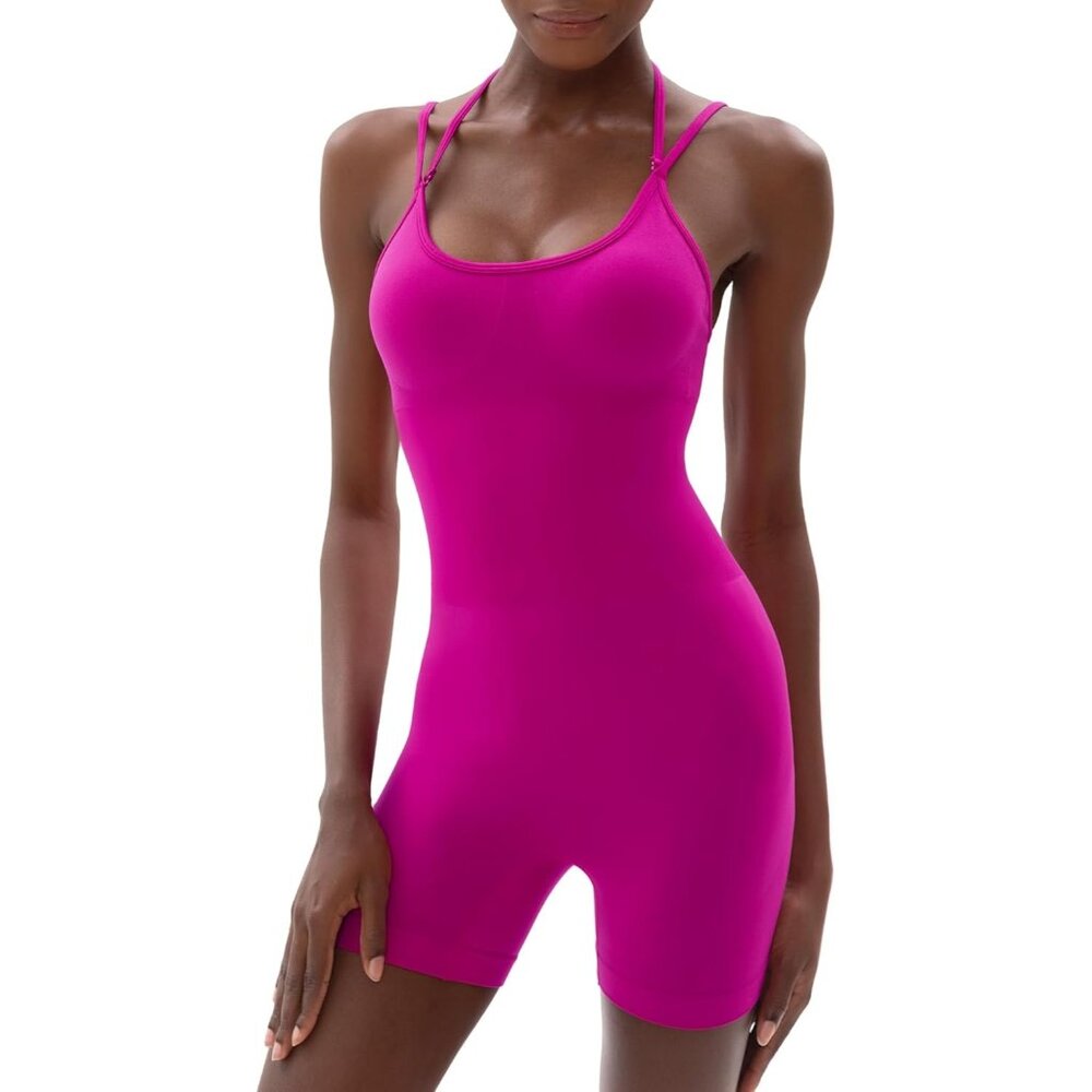 Jumpsuits for Women Double Straps Unitard Romper Seamless Workout One Piece Pink